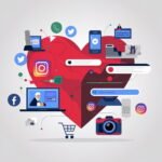 A heart graphic intertwined with digital elements, including social media icons and marketing tools, representing the concept of human connection in content marketing.
